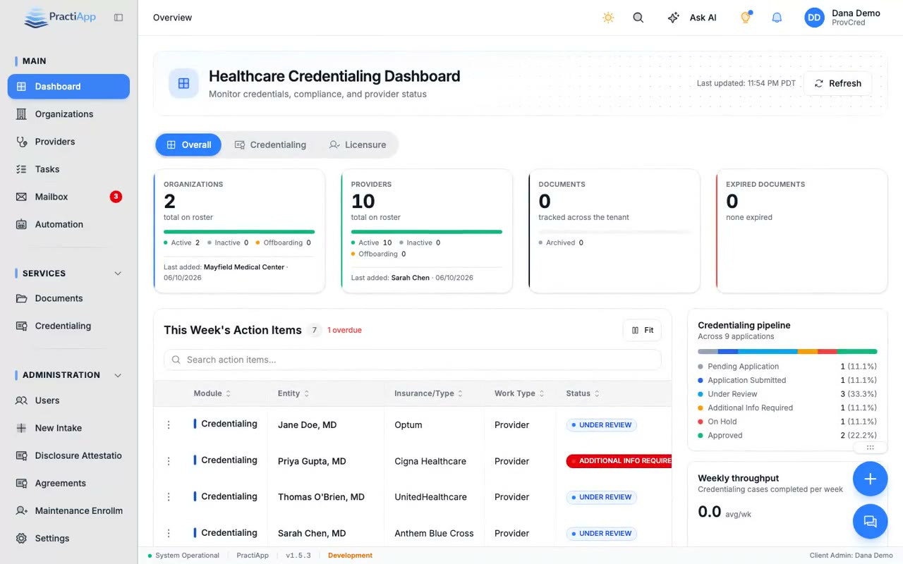 PractiApp credentialing and provider management dashboard